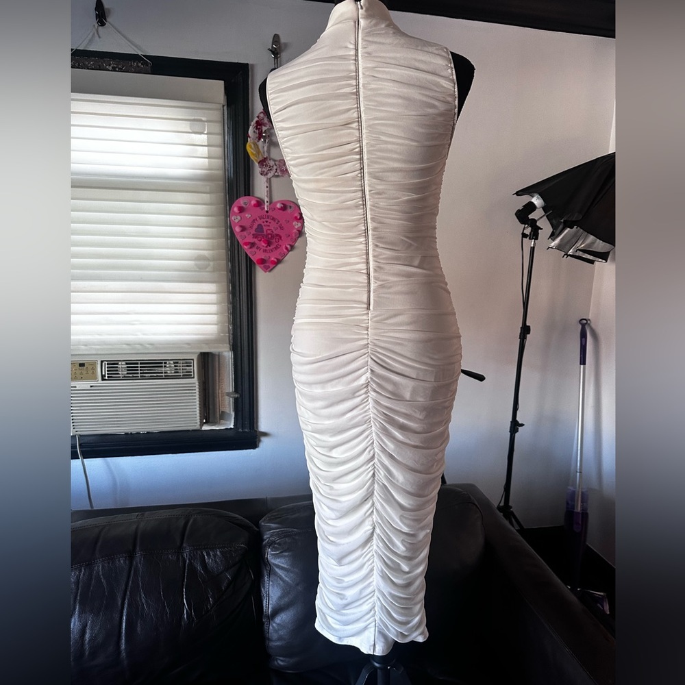 Women's Sexy Bodycon High Neck Sleeveless Ruched Midi Cocktail Party Dress - Picture 6 of 8